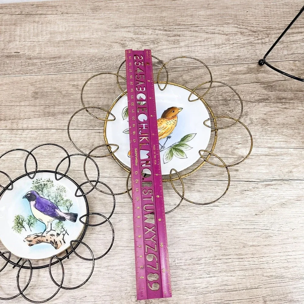 Vintage Bird Plate with Metal Hanger Set‎ of 2: Hand-Painted Ceramic Display